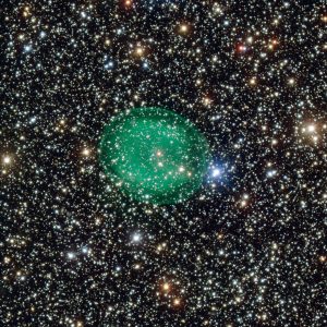 This intriguing picture from ESO’s Very Large Telescope shows the glowing green planetary nebula IC 1295 surrounding a dim and dying star. It is located about 3300 light-years away in the constellation of Scutum (The Shield). This is the most detailed picture of this object ever taken.