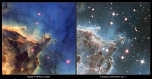 This image compares two views of the same detailed area in the star-forming nebula NGC 2174 from the Hubble Space Telescope. On the left is a visible-light image made by WFPC2 observations taken in 2001 — and released in 2011 — and on the right is an image made by the WFC3 infrared camera. Infrared light penetrates more dust and gas than visible light, allowing details to become visible. A jet of material from a newly forming star is visible in one of the pillars, just above and left of centre in the right-hand image. Several galaxies are seen in the infrared view, much more distant than the columns of dust and gas.