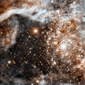 This image is the most detailed view of the largest stellar nursery in our local galactic neighborhood. The stellar grouping, called R136, is only a few million years old and resides in the 30 Doradus Nebula, a turbulent star-birth region in the Large Magellanic Cloud (LMC), a satellite galaxy of our Milky Way. There is no known star-forming region in our galaxy as large or as prolific as 30 Doradus. Many of the diamond-like stars are among the most massive stars known. Several of them are over 100 times more massive than our Sun.