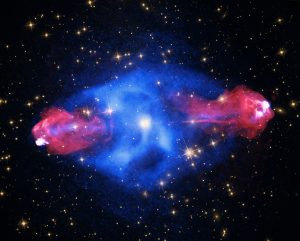 Sovrapposizione delle immagini di Cygnus A riprese in cinque bande differenti, dal radio ai raggi X.