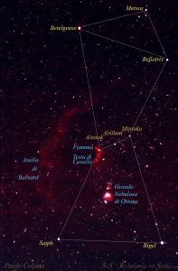 La costellazione di Orione con i nomi delle sue nebulose e stelle più brillanti. Foto di Paolo Colona.